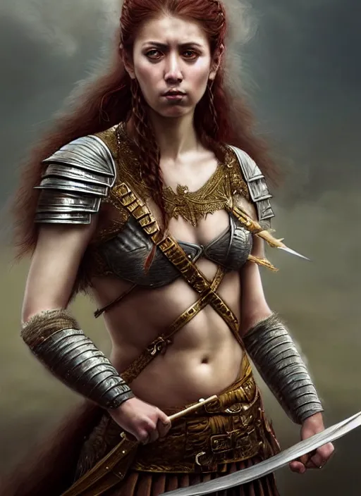 Prompt: a young warrior woman moments before battle, diffuse lighting, fantasy, intricate, elegant, highly detailed, lifelike, Rebel, photorealistic, digital painting, artstation, punks, illustration, concept art, smooth, sharp focus, artgerm, by John Collier and Albert Aublet and Leonardo da vinci and Krenz Cushart and Artem Demura and Alphonse Mucha