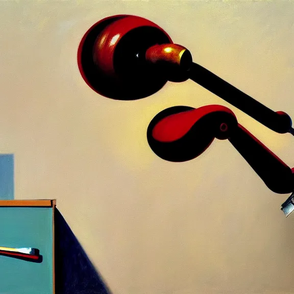 Image similar to a beautiful illustration of a robotic arm holding a paintbrush in front of a canvas by Edward Hopper, clean lines, very detailed, colorful octane render