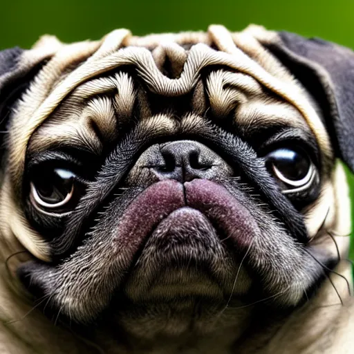 Image similar to closeup of a pug with moss growing out of its face folds, macro photography, overgrown pug, high resolution photo, trending on artstation