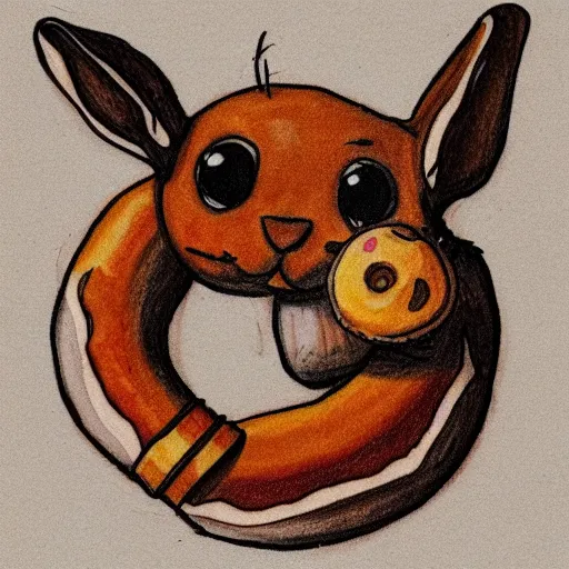 Prompt: a tattoo sketch of a rabbit eating a donut