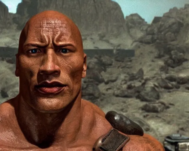 Image similar to Fallout 1 talking head of Dwayne Johnson, screenshot from Fallout (1997)