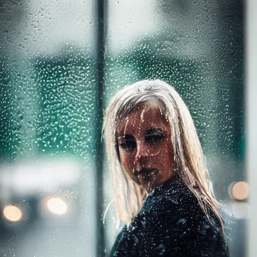 Image similar to a beautiful woman photographed through a rainy window, bokeh,