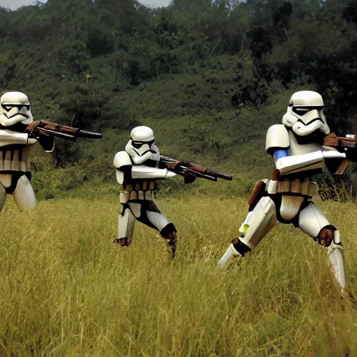 Prompt: star wars clone troopers combat soldiers in vietnam, photo, old picture, lush landscape, field, firearms, explosions, x wing fighters, aerial combat, active battle zone, flamethrower, air support, jedi, land mines, gunfire, violent, star destroyers, star wars lasers, sci - fi, jetpacks, agent orange, bomber planes, smoke, trench warfare