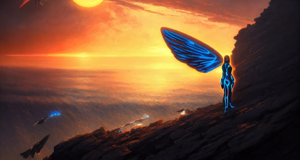 Image similar to tron wings in front sunset, cliffside ocean scene, backlit, aesthetic, diffuse lighting, hyper realistic, elegant, intricate, hyper detailed, smooth, sharp focus, concept art, illustration, trending on artstation, art by artem demura, greg rutkowski, james gurney, and alphonse mucha