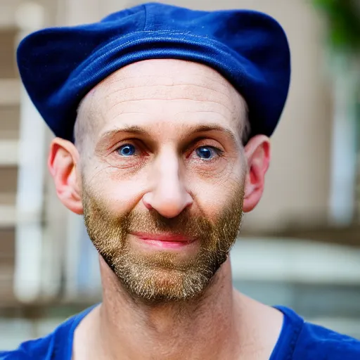 Image similar to color photograph of a 40 year old white Jewish Israeli skinny man with short, curly, blond hair and very small blue eyes, dressed in a white t shirt, gray shorts and a gray cabby cap, with a small mole to the right of his very thin lips, with a straight nose and blond stubble, with a round face, and an earring in the left ear. He resembles a lion.