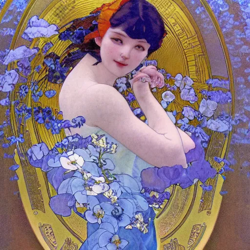 Image similar to perfume bottle surrounded by artistic, blurred blue and lilac flowers, white background, simple path traced, environment, up close shot shinji aramaki, karol bak, alphonse mucha