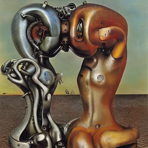 Image similar to Oil painting by Dali. Two mechanical trash gods with animal faces kissing. Oil painting by Hans Bellmer.