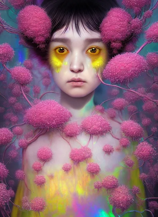 Image similar to hyper detailed 3d render like a Oil painting - kawaii portrait Aurora (black haired Fae) seen Eating of the Strangling network of yellowcake aerochrome and milky Fruit and Her delicate Hands hold of gossamer polyp blossoms bring iridescent fungal flowers whose spores black the foolish stars by Jacek Yerka, Mariusz Lewandowski, Houdini algorithmic generative render, Abstract brush strokes, Masterpiece, Edward Hopper and James Gilleard, Zdzislaw Beksinski, Mark Ryden, Wolfgang Lettl, hints of Yayoi Kasuma, octane render, 8k