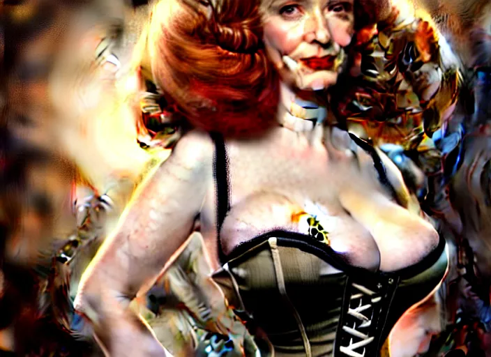 Image similar to portrait shot of christina hendricks during ww 2 wearing a corset, clothed, intricate, elegant, highly detailed, centered, digital painting, artstation, concept art, smooth, sharp focus, illustration, artgerm, tomasz alen kopera, peter mohrbacher, donato giancola, joseph christian leyendecker, wlop, boris vallejo