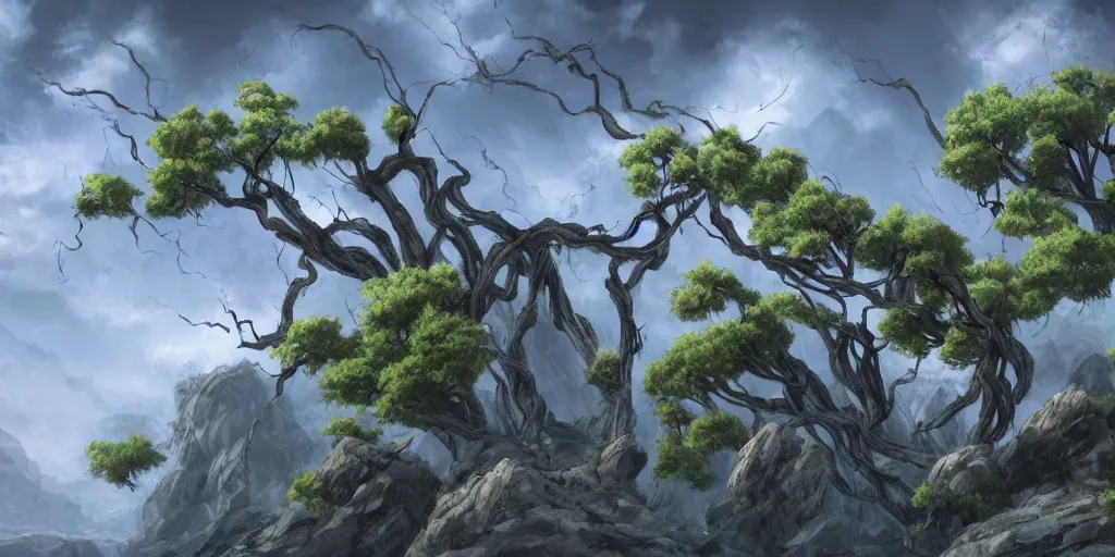 Image similar to bent windswept windswept willows growing on rocks, high quality fantasy art, 4k