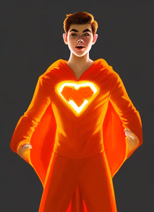 Image similar to kind teenage archie andrews wearing an orange superhero costume, superhero costume with heart emblem, cape, intricate, elegant, glowing lights, highly detailed, digital painting, artstation, sharp focus, illustration, art by wlop, mars ravelo and greg rutkowski