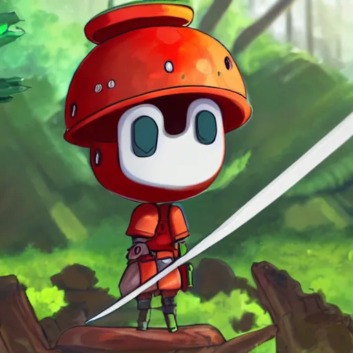 Prompt: cute little robot with tomato hat and a shive sword, made in abyss style, standing on a forest