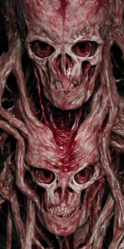 Image similar to photorealistic ultra detailed humanoid creature made of decomposed bloody flesh and bones, the woods, night, extremly detailed, 8 k, realistic, sharp focus, cosmic horror creature, cosmic horror, from the movie the thing, mysterious creature, bloody eyes