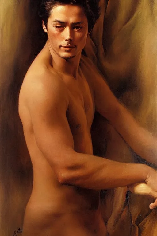 Image similar to portrait en buste alain delon by mark arian, by hughes merle, by pierre auguste cot, perfectly detailed eyes oil on canvas, masterpiece, realism,