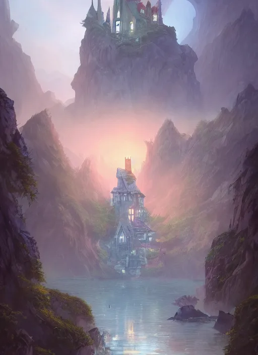 Prompt: A beautiful digital painting of a wizard's tower, crystal lake, lovely valley by Stanley Artgerm Lau, Rossdraws, James Jean, gerald brom, Andrei Riabovitchev, Marc Simonetti, and Sakimichan, trending on artstation