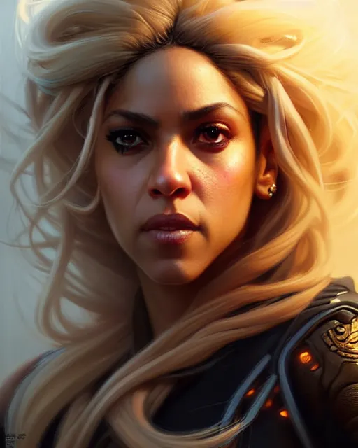 Image similar to shakira as widow from overwatch, portrait, close up, concept art, intricate details, highly detailed by greg rutkowski, michael whelan and gustave dore