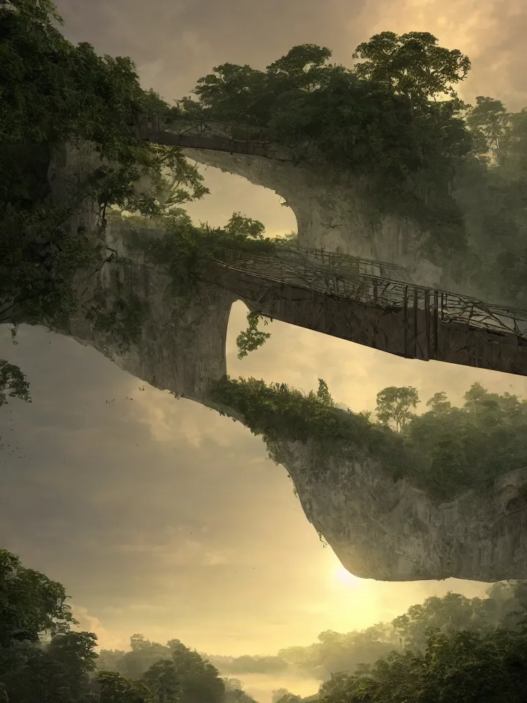 Prompt: a high magnificent broken bridge, surrounded by lush green vegetation, stunning volumetric lighting, sunset, solid concrete, stunning skies, trending on Artstation, 8k, photorealistic, hyper detailed, unreal engine 5, IMAX quality, cinematic, epic lighting, in the style of DOOM and Quake and Le Corbusier and Greg Rutkowski