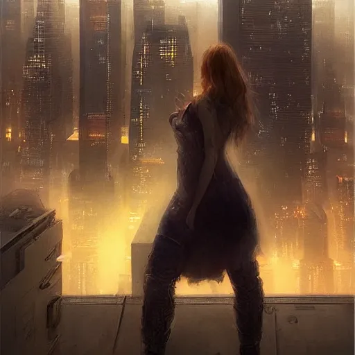 Image similar to “ girl standing on a roof looking down at a foggy futuristic new york city below, ghostpunk, cyberpunk, very detailed, by daniel gerhartz ”