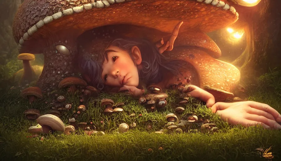 Prompt: dwarf resting under mushroom, by ilya kuvshinov, rtx rendering, octane render 1 2 8 k, maya, extreme high intricate details by tom bagshaw, medium shot, close up shot, composition by sana takeda, lighting by greg rutkowski