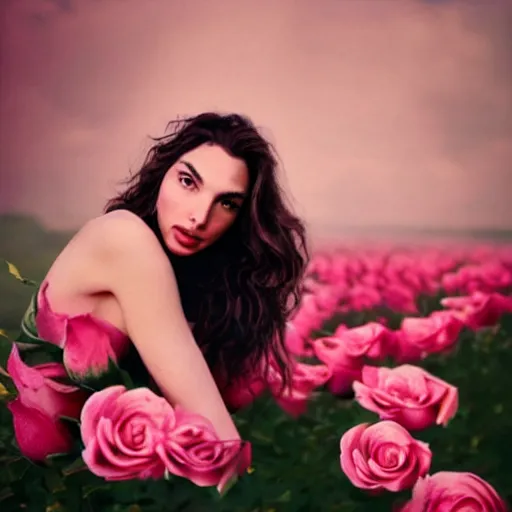 Image similar to fine art photo of the beauty gal gadot, she is merging from pink roses, taken by oleg oprisco