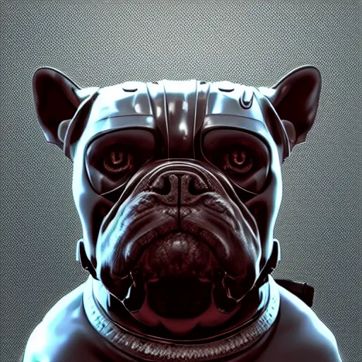 Image similar to « a cyborg bulldog sitting down, cyberpunk art by grillo demo, cgsociety, computer art, future tech, made of liquid metal, sketchfab »