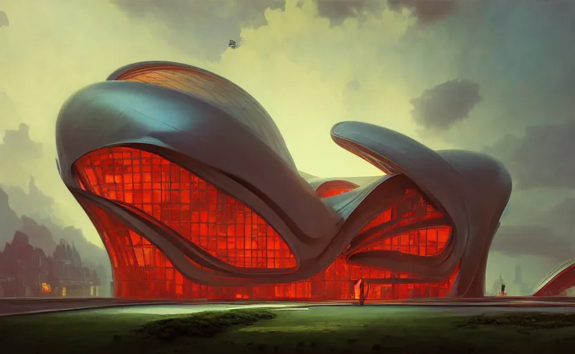 Image similar to exterior shot of utopian architecture red building with cinematic lighting by zaha hadid and renzo piano, darek zabrocki and greg ruthkowski, alphonse mucha, simon stalenhag, cinematic, stars, beautiful, holy place, paradise, scifi, futurism, atmospheric, concept art, artstation, trending on artstation