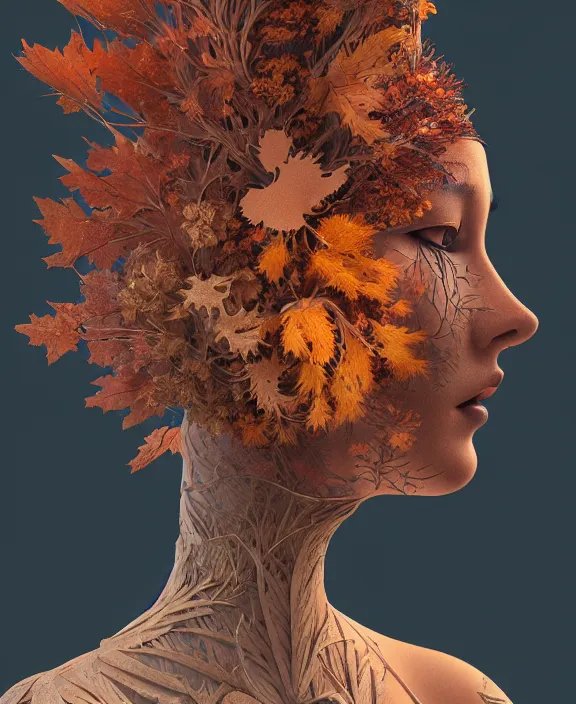 Image similar to 3 d goddess close - up profile portrait of a beautiful intricately detailed autumn mask, fall leaves, thistles, phoenix, dried plants, foxes, wind, creature, artwork by tooth wu and wlop and beeple and greg rutkowski