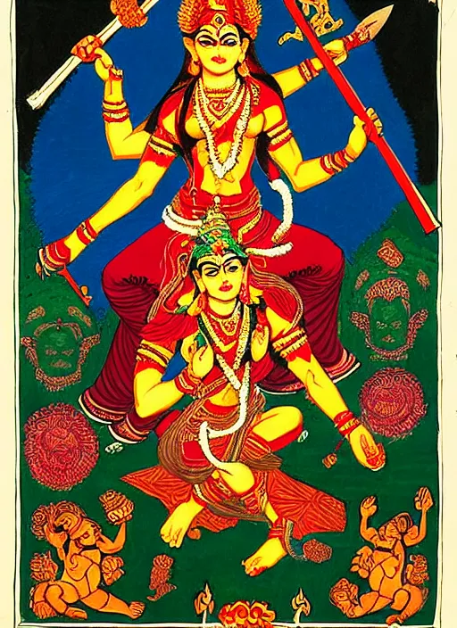 Image similar to kali - durga in the style of ivan bilibin with a hammer and sickle and in the forehead the star burns