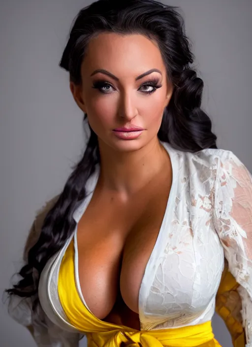 Prompt: portrait of lindsey pelas wearing white kebaya and yellow silk belt, by charlotte grimm, natural light, detailed face, beautiful features, symmetrical, canon eos c 3 0 0, ƒ 1. 8, 3 5 mm, 8 k, medium - format print, half body shot