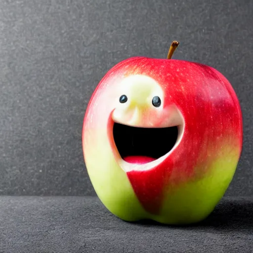 Image similar to happiest apple in the world, human face apple with wide grin, photograph