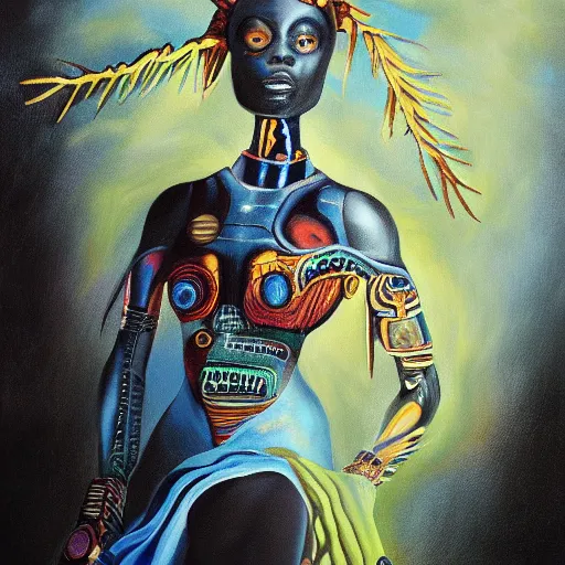 Image similar to afrofuturistic techno - mage, dark fantasy, occult, year 2 1 0 0, high - quality surrealist painting