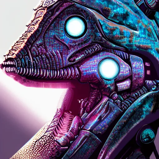 Prompt: a cyborg dinosaur portrait, close up, syntwave, cyberpunk