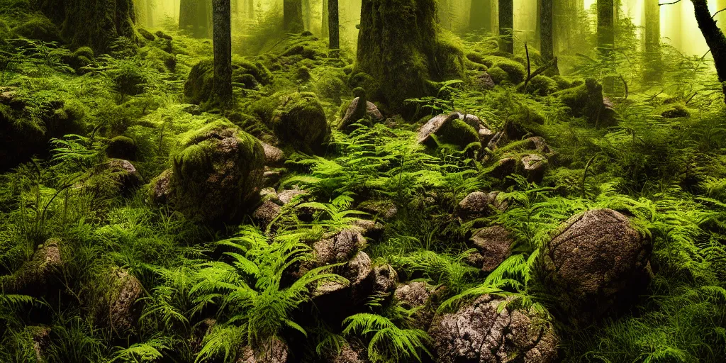 Image similar to lush rocky forest, dense vegetation, against light, bright details, contrasting, daylight, highly detailed, by dieter rams 2 0 0 0, national geographic magazine, reportage photo, natural colors