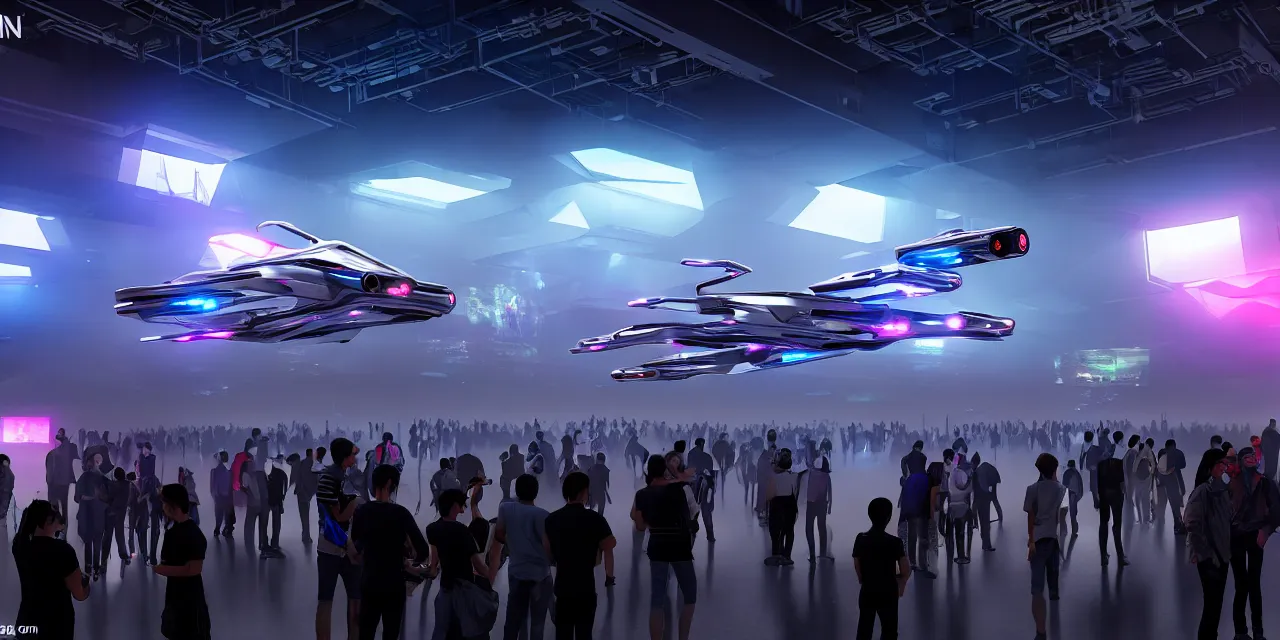 Image similar to cyberpunk exhibition full of hundreds of different hovercars, crowd watching and walking around exhibition site, enthusiastic spectators watching the race of flying vehicles in background, in the year 3 0 0 0, very high details, volumetric fog, raytracing, back light, raymarching, by ilm, by digital domain, by weta digital