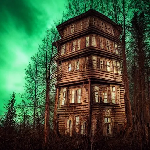 Image similar to twisted creepy building with in a dark forest at midnight