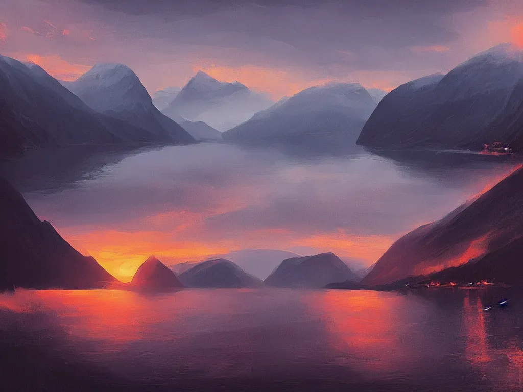 Image similar to the fjords of norway at dusk by alena aenami, petros afshar speedart