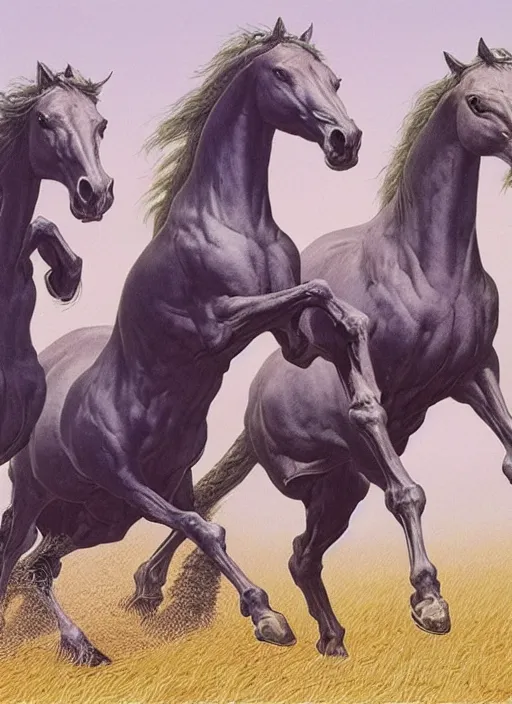 Image similar to three horses running in a field, by wayne barlowe,