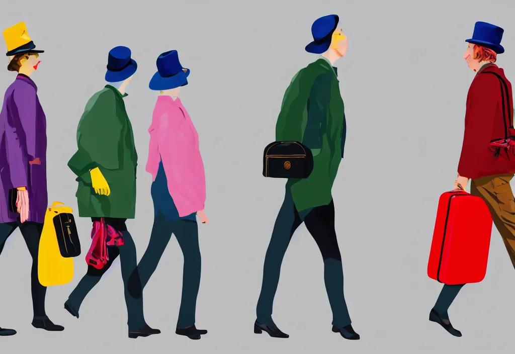 Image similar to full body portrait of a trio of european tourists autumn travel apparel, various poses walking and carrying luggage, character designs painting, in the style of wes anderson, rene magritte, lola dupre, david hockney, isolated on white background, dark monochrome neon spraypaint accents volumetric octane render