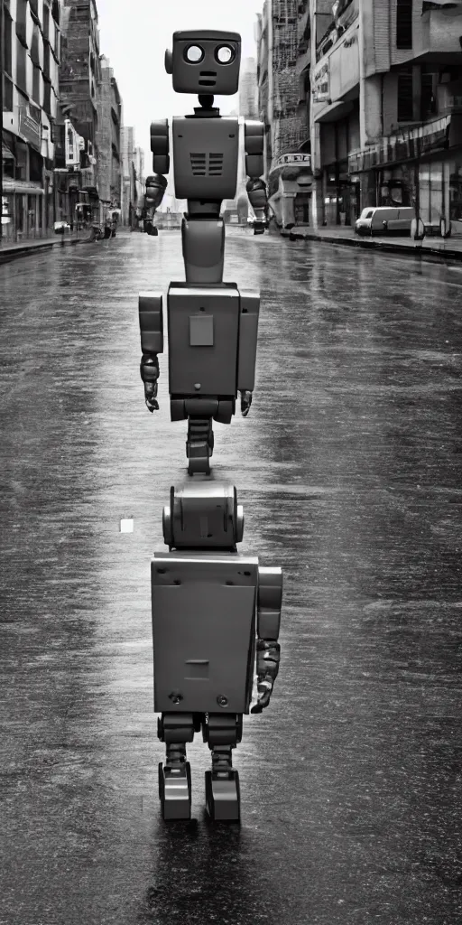 Image similar to robot on the road, city, photo, rain,