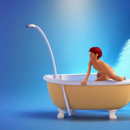 Prompt: 3 d render of a tiny woman wearing a towel surfing in a bathtub in pixar style