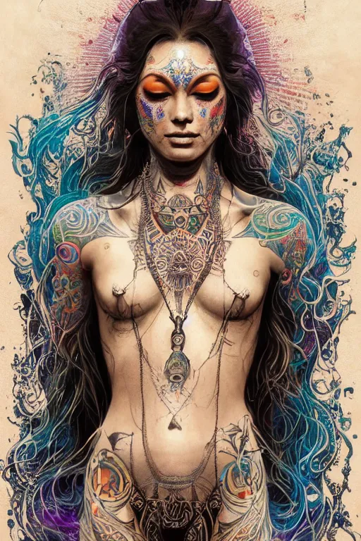 Image similar to a centered render of a alluring festival hippie with tribal tattoos surrounded by a underwater ink pour and flowing liquid gallium and sacred geometry, perfect body, face, hands, powerful, cinematic, beautifully lit, by artgerm, by karol bak, by donato giancola, by boris vallejo, 3 d, trending on artstation, octane render, 8 k