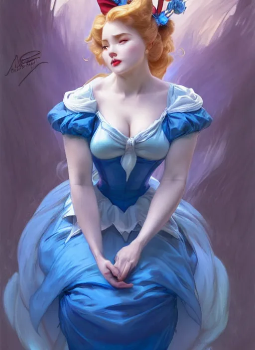 Image similar to concept art by artgerm, portrait of pinup giant disney alice in wonderland in blue dress, soft natural light, intricate, elegant, highly detailed, my rendition, digital painting, artstation, concept art, smooth, sharp focus, illustration, art by greg rutkowski and alphonse mucha and uang guangjian and gil elvgren, symmetry!!