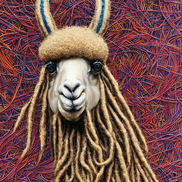 Image similar to llama with dreadlocks, detailed, by ernst haeckel, james jean, el anatsui, mandy jurgens