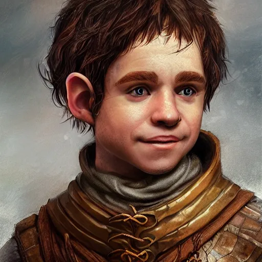 Prompt: realistic portrait of a halfling male, happy, bard, short hair, lute, intricate details, cinematic, photo, fantasy, medieval, trending on artstation, in the style of wizards of the coast