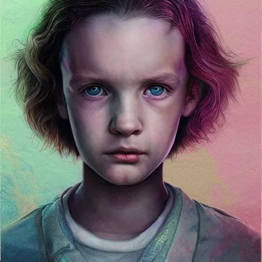 Prompt: beautiful!! portrait of Eleven from the stranger things by (((Marco Mazzoni ))) marco mazzoni ,dark ,detailed!! ,(((flowers on hair))) ,portrait,