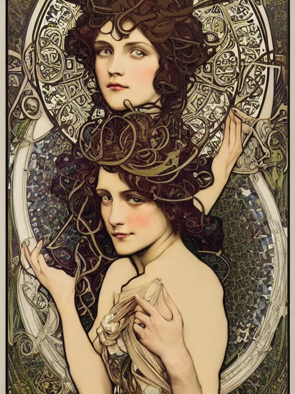 Image similar to an art nouveau mucha poster portrait oil painting of a ancient and powerful deity, surrounded by thousands of spiraling black ribbons, intricate, detailed, smooth, complex, elaborate, by borja, and chris skinner
