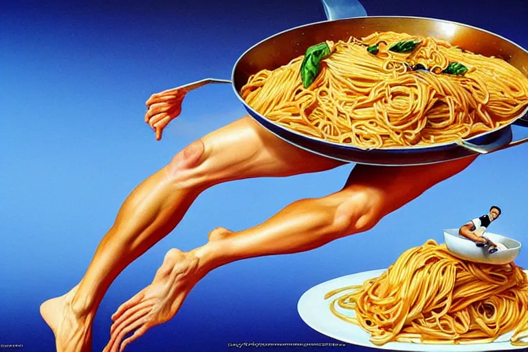 Image similar to olympic diver diving from springoard into a dish of pasta, detailed surrealist art, artgerm