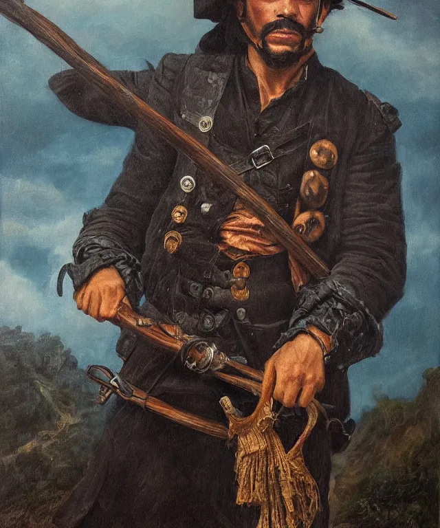 Image similar to ultra realistic color portrait painting of a spanish bandolero 1 9 th century pirate with a trabuco, dark, painted, brooding, atmospheric, landscape, smooth, epic, highly detailed, cinematic