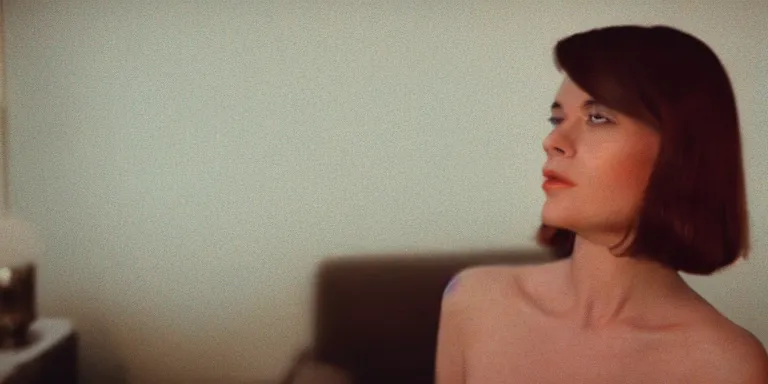 Prompt: photorealistic close up shot Cinematography of a Beautiful photorealistic woman at night in a mid century modern apartment shot on film at magic hour with the sun shining into a room filled with volumetric haze by the shining Cinematographer john alcott on a cooke panchro 18mm lens .