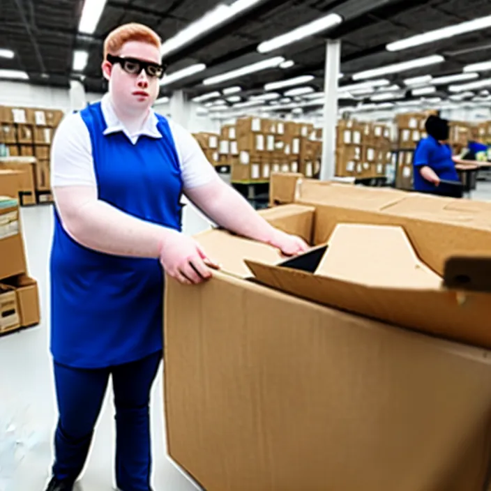 Prompt: photo of a pale white slightly overweight androgynous amazon employee sorting packages, wearing a vest, wearing clear square glasses, symmetric face, amazon warehouse